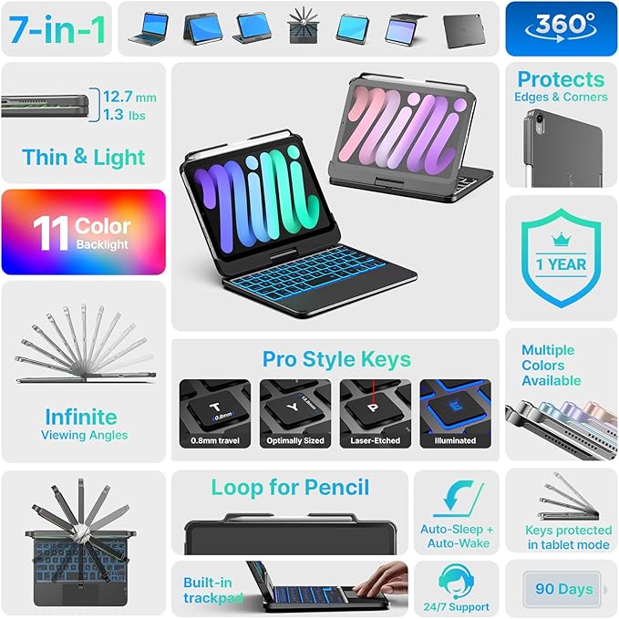 typecase Keyboard Case for iPad mini 7 (A17 Pro, 2024) & iPad mini 6th Gen (2021) 8.3-inch, Multi-Touch Trackpad, 360° Rotatable, 11-Color Backlit, Wireless Cover with Pencil Holder - Dark Gray
