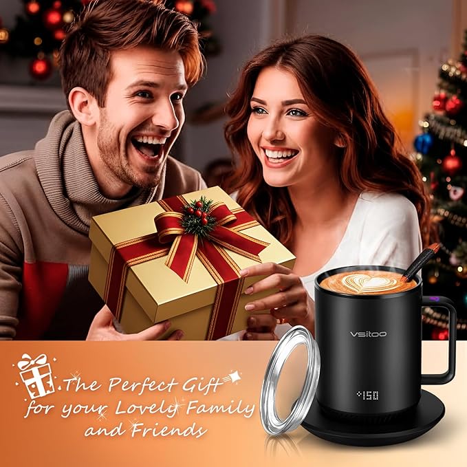 Vsitoo S3 12oz Heated Espresso Mug, Smart Self Heating Coffee Mug for Espresso Lovers, AI Auto-Sensing Temperature Control 120-150℉, Rechargeable Mug Warmer, 316 SS IPX7, Gift for Women Men, Black