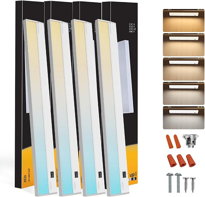 Ansen 4Packs of Under Cabinet Lighting Hardwired, 48IN 26W 1720LM, Dimmable Led Light for Kitchen/Bar/Closet, CRI>92, R9>90, 5 Color Temperature, 2700K-5000K(Warm White, Cool White, Daylight)