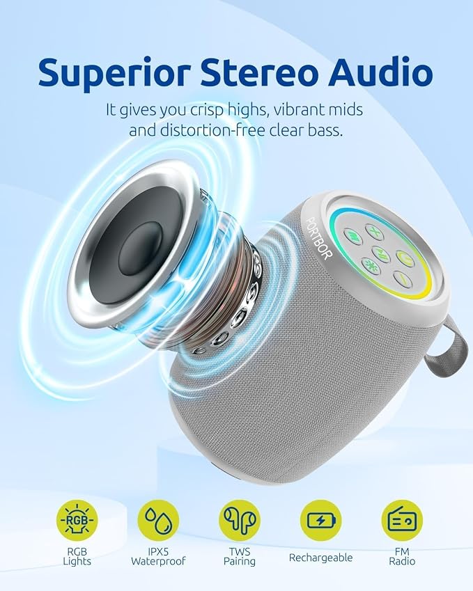 Portable Bluetooth Speaker with Lights, Powerful Stereo Loud Sound Wireless Small Speaker, IPX5 Waterproof, BT5.3, TWS Pairing, for Outdoor/Party/Home/Beach/Shower, Birthday for Him Her
