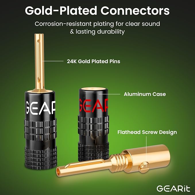 GEARit Banana Plugs for Speaker Wire 6 Pairs, Closed Screw Type Pin Plugs, 24K Gold-Plated Speaker Connectors for 12 AWG to 20 AWG Wires, Banana Pins for Home Theater & Audio Systems