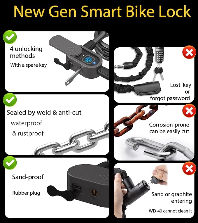 Chain Lock with Key eLinkSmart Waterproof Bicycle 100CM Chain Lock for Bike Scooter Motorcycle Door Fence Gate Fingerprint Bluetooth App Heavy Duty Outdoor Security