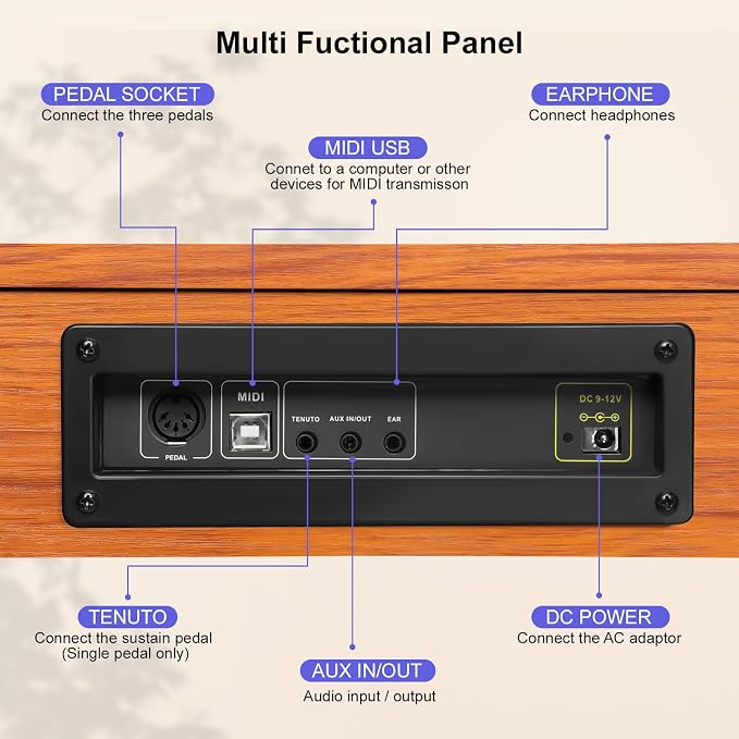 Digital Piano Keyboard 88 key,Semi-Weighted Electric Piano,Full Size Acoustic Piano for Beginners with Pedal, USB-MIDI Compatibility (Brown)