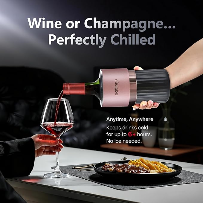 Iceless Wine Chiller, Keeps Cold 6+ Hours, Fits Most Wine Bottles | Vacuum Insulated, 18/8 Stainless Steel, Portable, Fits Most Standard 750ml Wine & Champagne Bottles, Rose Gold