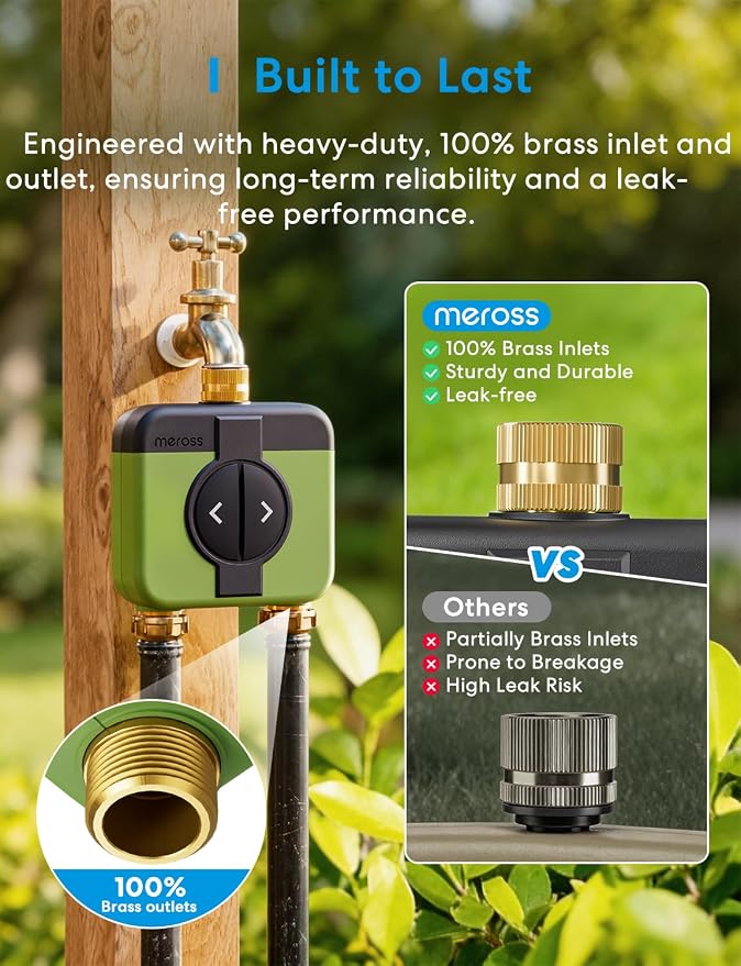 meross WiFi Water Timer for Garden Hose, 2 Zone WiFi Hose Timer with Brass Inlet and Outlet, WiFi Sprinkler Controller, Rain Delay, Smart Water Valve for Garden, Lawn & Yard, Hub Required