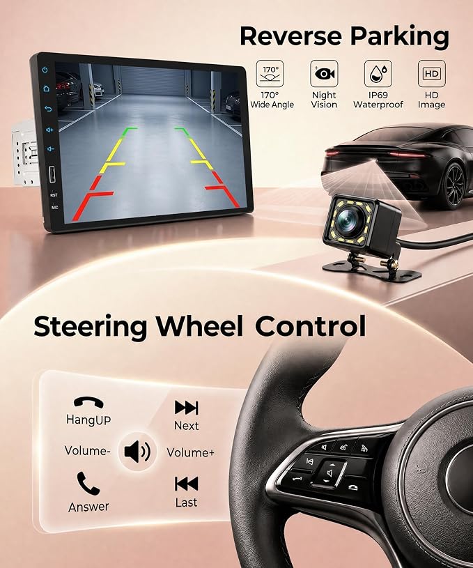 9 Inch Single Din Car Radio Stereo, Wireless CarPlay Android Auto, 1 Din Touchscreen Car Stereo, Bluetooth FM EQ USB SWC MIC, Support Mirror Link Backup Camera