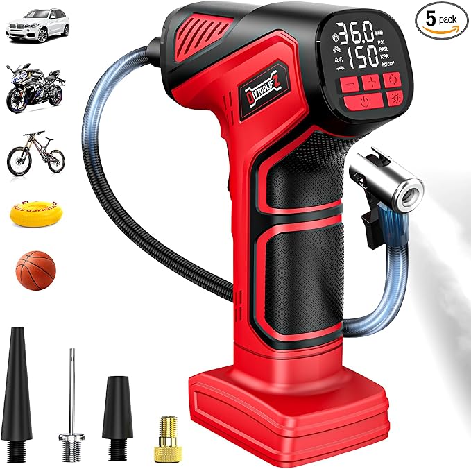 DIYtoolifz 150PSI Tire Inflator Portable Air Compressor: Cordless Air Pump Compatible with Milwaukee 18V Battery - Car Tire Pump with LCD Display & LED Light for Auto, Motorcycles (Tool Only)