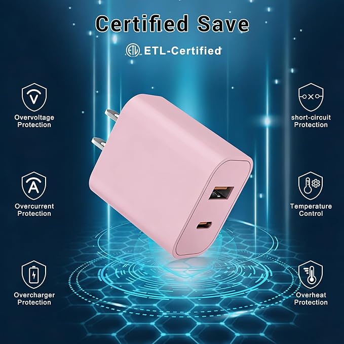 iPhone 17 16 15 Charger Fast Charging 10FT Long USB C Charger Cable with 20W Dual Port Block - Type C Charging Cable Compatible with iPhone 17/17 Pro/17 Pro Max/17 Air, 16/16e, 15, 3 Pack (Pink)