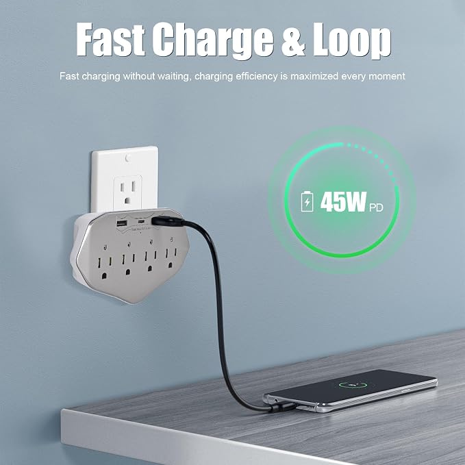 1080P HD Wireless Wall Outlet Charger Security Camera with 45W Fast Charging Station USB-C & USB-A, Home Security Camera for Baby and Pet WiFi Enabled