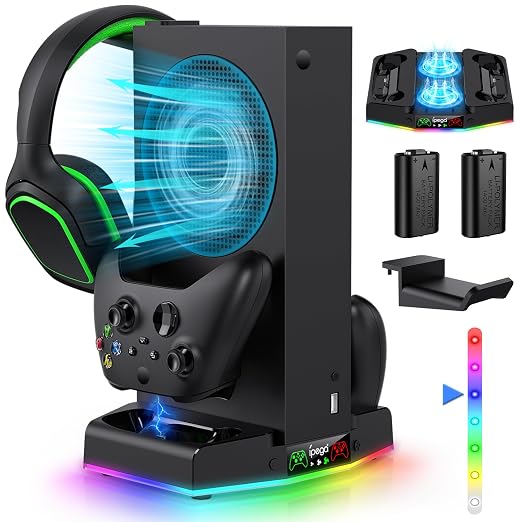 Cooling Stand & Charging Station for Xbox Series S with RGB Light Strip,Dual Controller Charger & Cooler Fan for XSS Console Accessories with 2*1400mAH Rechargeable Battery Pack,1*Headphone Hook,Black