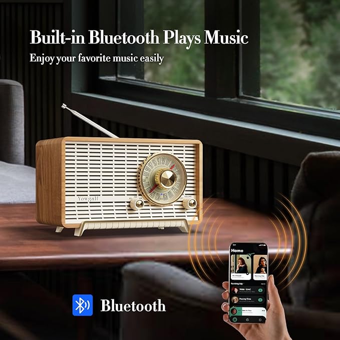 YOWGULF AM FM Radio Classic Retro Wood Table Radio Bluetooth Speakers Radios Plug-in Wall with Rotary Knob Great for Home, Office