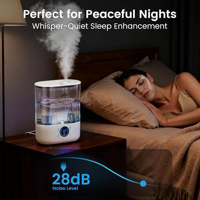 QIDO Top Fill Humidifiers for Bedroom, 5 L Cool Mist 36H Super Long Time, Quiet 28dB Essential Oil Diffuser for Baby & Plants, 3 adjustable Mist with Touch/APP/7-color Nightlight, White