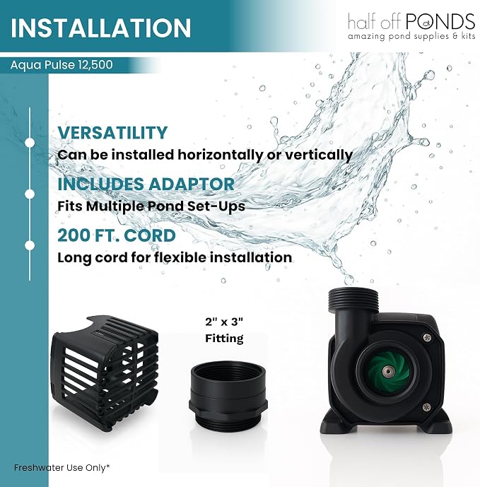 Aqua Pulse Submersible Pond Pump, 12,500 GPH, 200 ft Cord | 37 ft max head, 960W energy efficient, Ultra quiet, For koi ponds, Waterfalls, Fountains