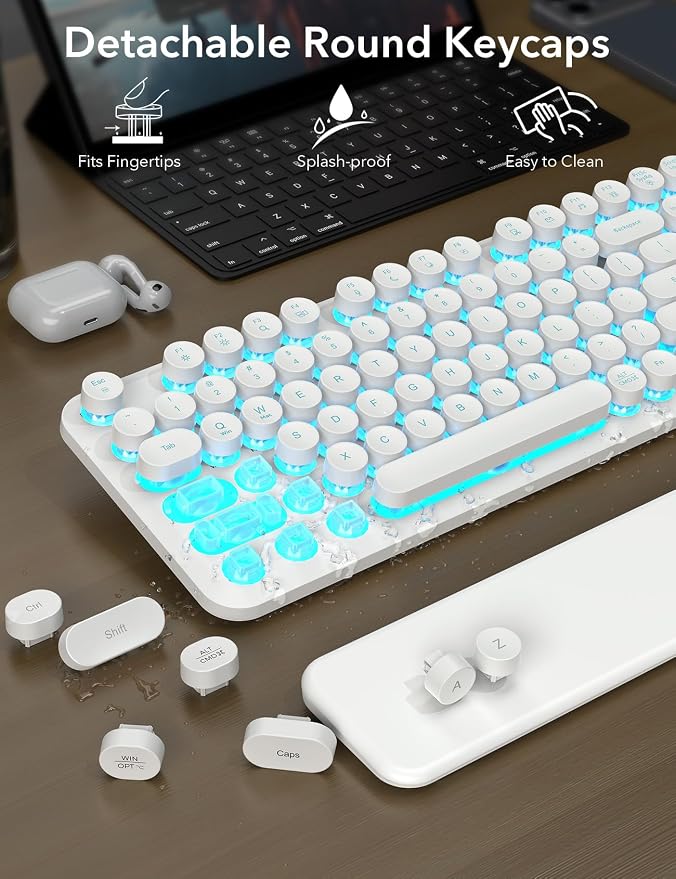 Wireless Keyboard and Mouse Backlit - White Typewriter Keyboard with Magnetic Wrist Rest, Retro Round Keycaps, Light Up Letters, 2.4GHz Cordless Combo for Mac, Windows, PC, Laptop, Trueque [Upgraded]