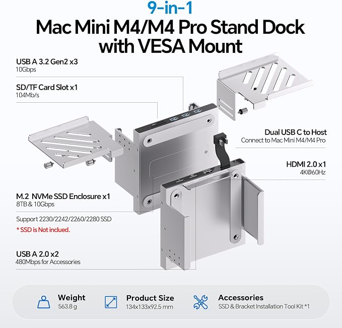 Mac mini M4 Dock & Stand with M.2 NVMe 8TB SSD Enclosure, Macmini M4 Hub with HDMI 4K 60Hz, 3 USB-A 10Gbps for Mac mini M4/M4 Pro 2024, Metal Bracket Holder for Monitor, Desk and VESA Port