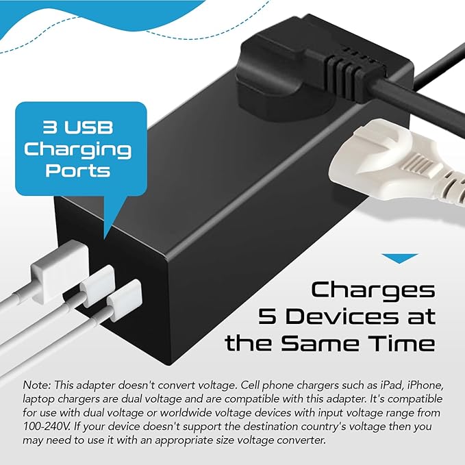 Ceptics 65W World Travel Adapter 3 USB Ports PD 3.0 Ultra Compact Charger 2 US Outlets [GaN Tech], Quick Type C, Charge Laptops, Cellphones in Europe, Asia, Africa, America and More