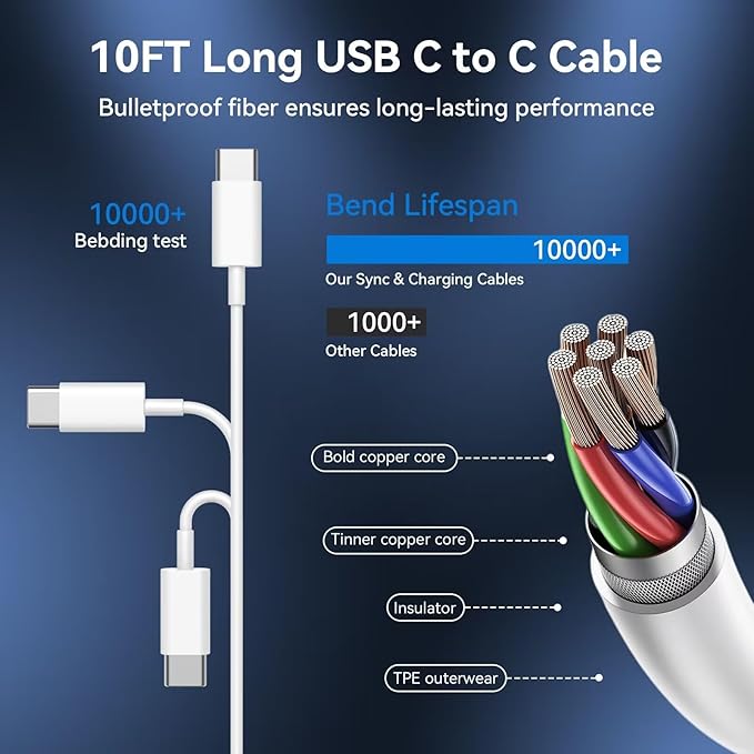 10 FT USB C Cable Phone Charger for iPhone 17 16 15,Extra Long 10Foot USB C to Type C Charger Cable 40W USBC iPhone Charger Fast Charging for iPhone 17 Air/17 16 15 Pro/Plus/Pro Max,iPad Pro