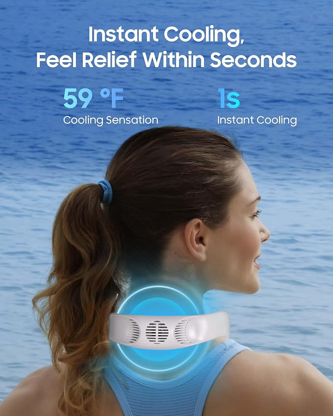 HIGO Neck Fan with Cooling Plate, Neck Air Conditioner, 2-in-1 Cooling Neck Fan Portable Rechargeable, Wearable Personal Fan, 4400mAh Large Battery, Ergonomic Design, White