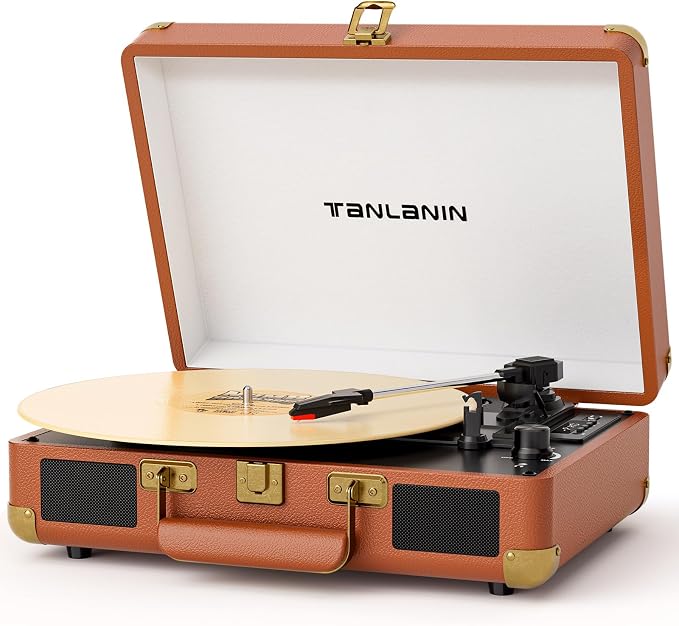 Vinyl Record Player Bluetooth Vintage 3-Speed Portable Suitcase Turntables with Built-in Speakers, Belt-Driven LP Player Support USB Recording AUX-in RCA Line Out Headphone Jack, Brown