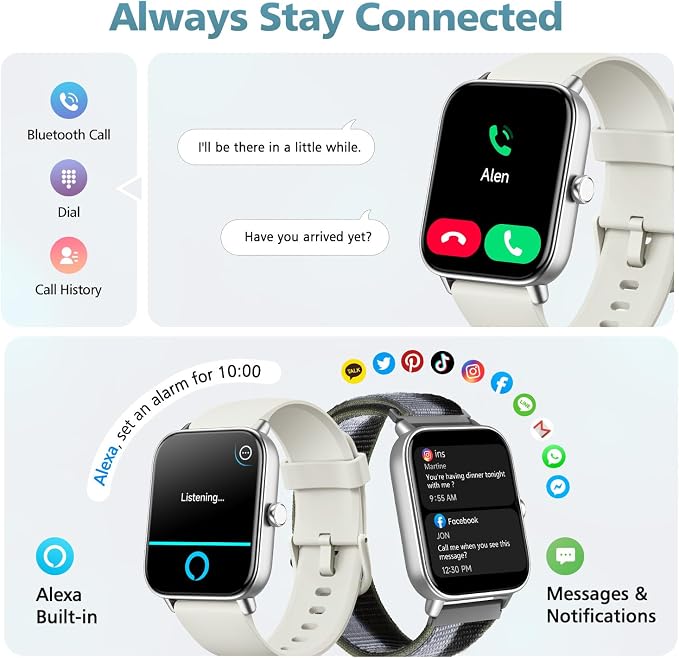 Smart Watch for Women Men, 1.85" Alexa Fitness Tracker with Call & SMS, Heart Rate, SpO2, Stress & Sleep Monitor, IP68 Waterproof Smartwatch for Android iPhone Samsung etc., 100+ Sports Modes, 2 Bands