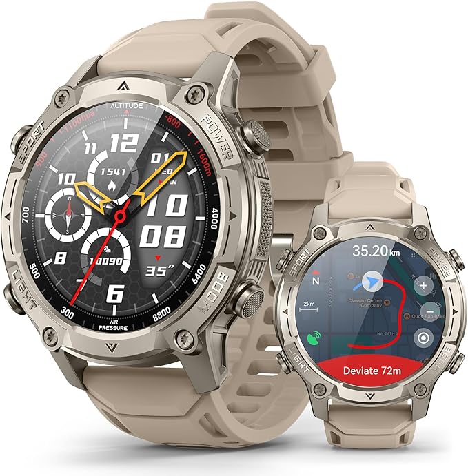 Men's Outdoor Smartwatch, Standalone GPS & Offline Maps, 5ATM Waterproof, 1.43" AMOLED, 4GB Memory, 178 Sports Modes, Compass, Heart Rate/SpO2/Stress/Sleep Monitor, Compatible Android and iOS Khaki