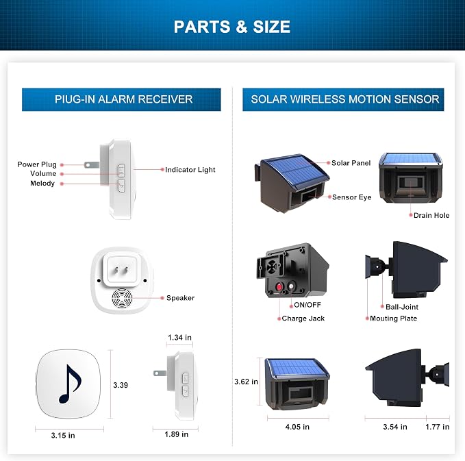 Htzsafe Solar Driveway Alarm System-1/4 Mile Long Transmission Range-Solar Powered No Need Replace Batteries- Outdoor Weatherproof Motion Sensor&Detector DIY Security Alert System