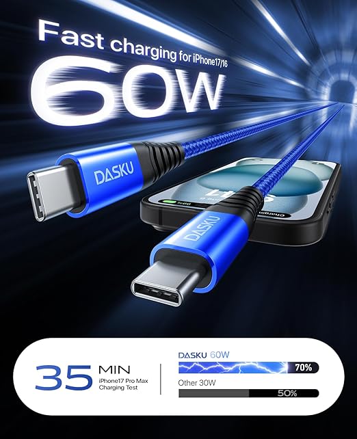 USB C to C Cable 10FT, 2 Pack USB C Cable Fast Charging 60W, USBC to USBC Cable Upgraded Extra Durable Braided USB C Cord Compatible with iPhone 17 16 15 Pro Max,Samsung Galaxy S10, LG and More-Blue