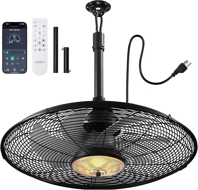 addlon Outdoor Ceiling Fan with Light for Patios, 24 inch Black Waterproof Gazebo Fan with Remote&APP Control, Reversible, Dimmable, Plug in Hook Mount Portable Fan for Garage Pergola Porch Canopy