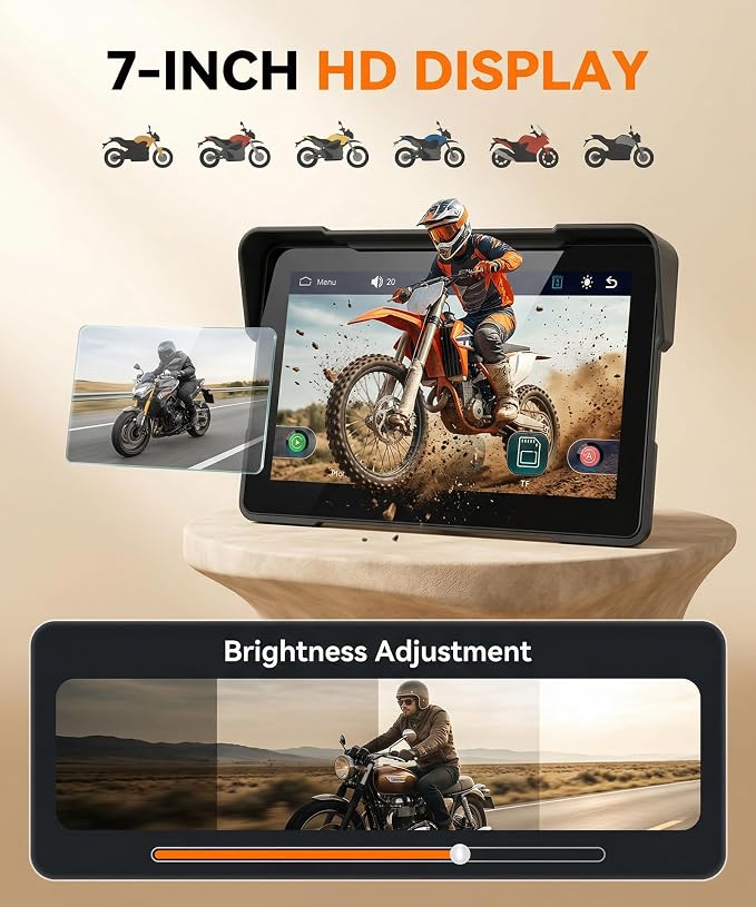 7" Motorcycle Wireless CarPlay GPS Navigation System, Android Auto Portable CarPlay Screen for Motorcycle, Dual Bluetooth Car Play Moto, Si-ri, Goo-gle Assistant, EQ, IP67 Waterproof Moto Screen