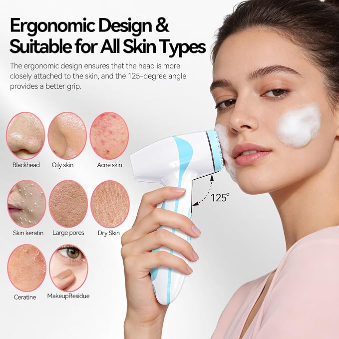 Rechargeable Facial Cleansing Brush – Dual Rotating Electric Face Scrubber with 3 Brush Heads, Waterproof Exfoliator for Deep Cleansing, Valentine's Day Gifts for Her, Mom (Blue)