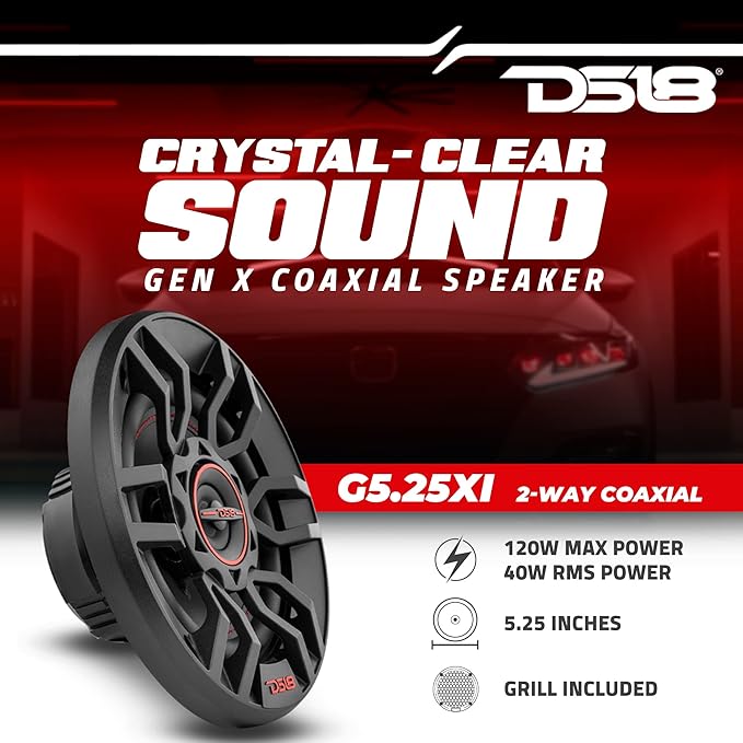 DS18 G5.25Xi GEN-X Car Audio 5.25" 2-Way Coaxial Speakers 135 Watts Max 4-Ohm - 5.25 inches Full Range Speakers with Dome Tweeters - Grill Included - 2 Speakers