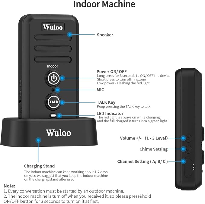 Wuloo Wireless Intercom Doorbells for Home Classroom, Intercomunicador Waterproof Electronic Doorbell Chime with 1/2 Mile Range 3 Volume Levels Rechargeable Battery (Black, 1&1)