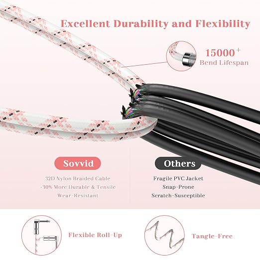 10FT Instrument Cable - Electric Guitar & Bass Cable with Right Angle 1/4 Inch Connector - Pink White