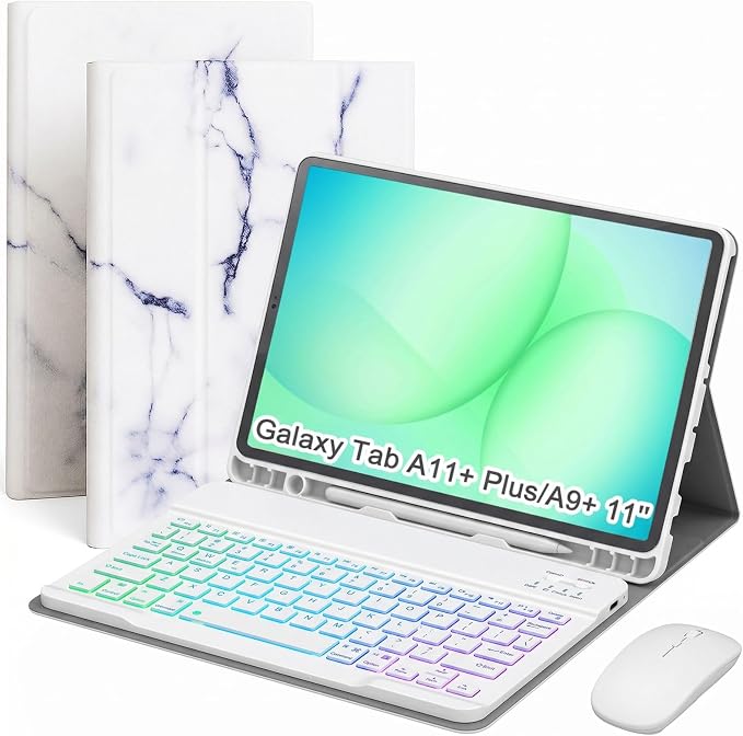Keyboard Case for Samsung Galaxy Tab A11 Plus 11 Inch 2025/ A9+ Plus 2023 Tablet, Detachable Rainbow Backlit Wireless Keyboard and Mouse, Slim Stand Cover with S Pen Holder(White Marble)