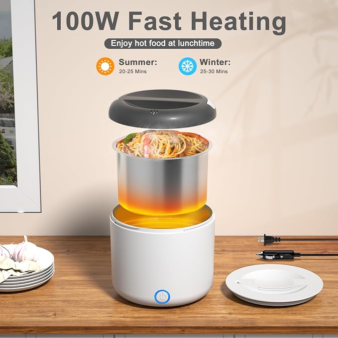 Vingud Electric Lunch Box for Adults, 1.2L/41oz, 100W Fast Heated Lunch Box, 12V/24V/110V Portable Food Heater for Car/Office Work with 304 Stainless Steel Container, White Gray