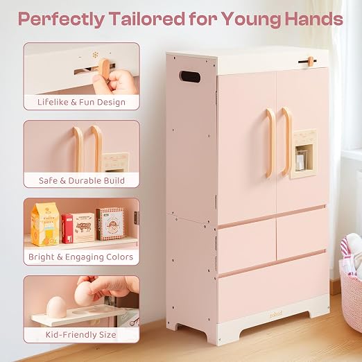 ROBUD Wooden Play Fridge, Kitchen Toy Fridge Freezer Set with Ice Maker, Play Kitchen Refrigerator, Kitchen Playset Gift for Kids & Toddlers, Age 3+ (Pink)