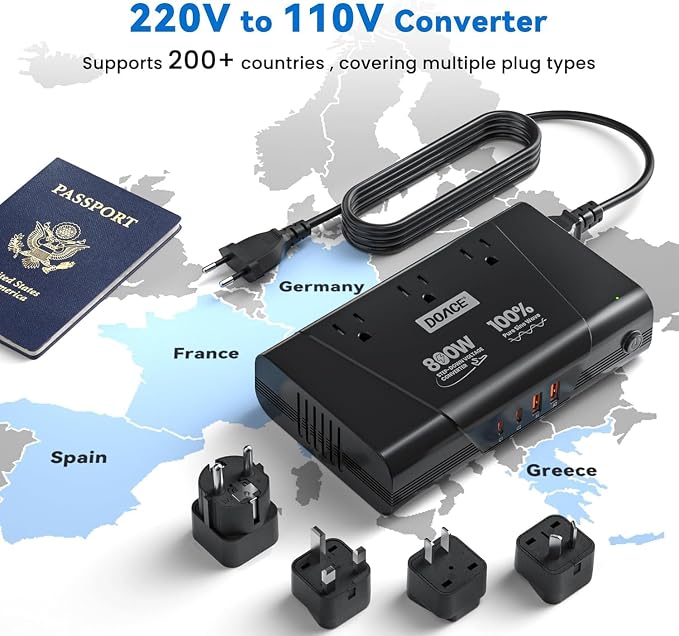 DOACE Universal Travel Adapter: 220V to 110V Pure Sine Wave, EU Step-Down Transformer for 200+ Countries, 3 Outlets & 4 USB, Compatible with Phones, Hair Straighteners (Black, 800w)