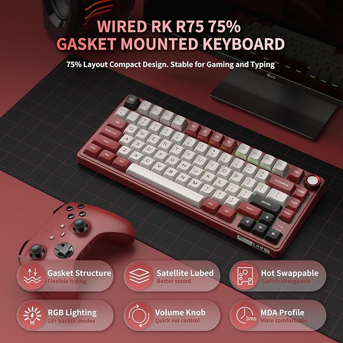 RK ROYAL KLUDGE R75 Mechanical Keyboard Wired with Volume Knob, 75% Keyboard Gasket Mounted, RGB Backlit, Creamy Keyboard with MDA Profile, PBT Keycaps, Hot Swappable Pre-lubed Linear Switch