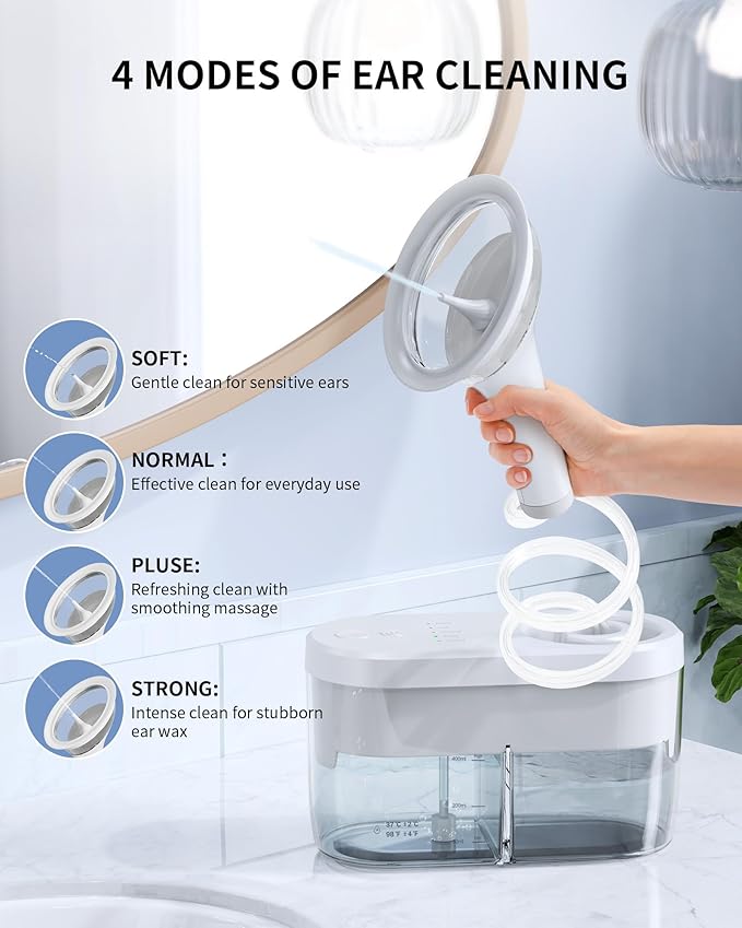 KAUGIC Electric Ear Wax Removal Kit, FSA-HSA-Eligible, Water Powered Ear Irrigation System with Sewage Collection, 4 Clean Modes, Safe & Effective, 3 Ear Tips for Adults