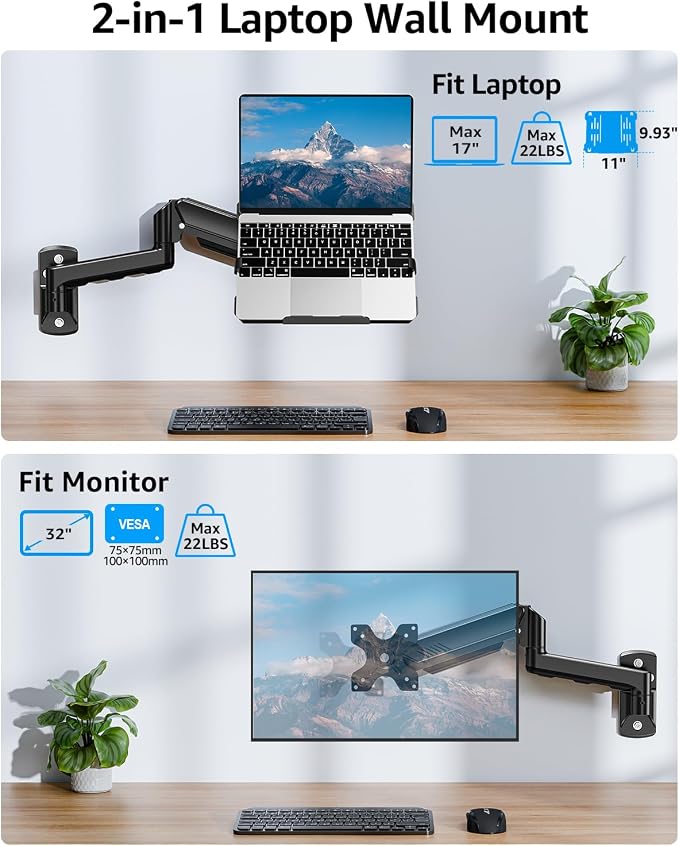 MOUNTUP Laptop Wall Mount, Adjustable Laptop Mount for Max 17" Notebook or Max 32" Monitor, Wall Mount Laptop Holder Holds 4.4-22lbs, 2-in-1 Laptop Arm with Ventilated Tray