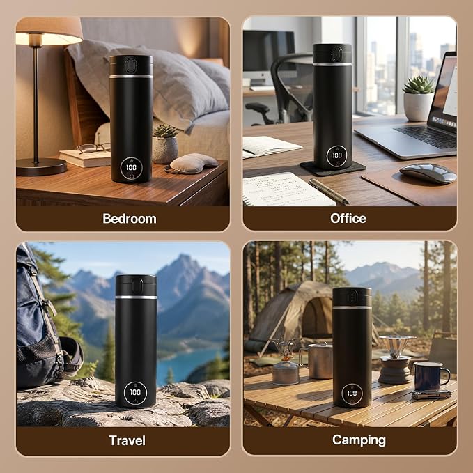 Portable Travel Electric Tea Kettle,6 Preset Temp Plug-in Keep Warm,15 OZ Small Hot Water Boiler,304 Stainless Steel,Auto Shutoff&Boil Dry Protection,Termo Electrico Portatil Black for RV Travel