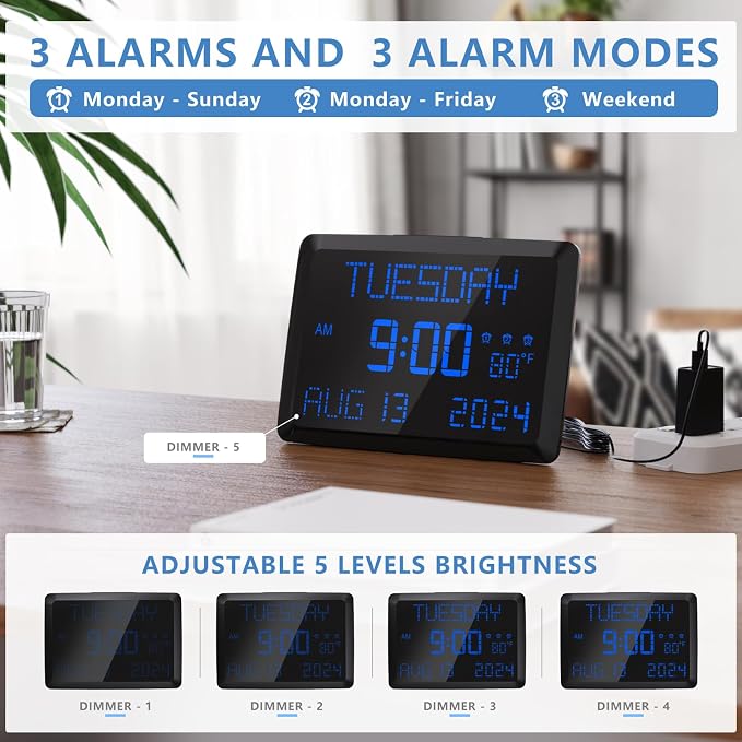Raynic Digital Clock, 11.5" Large Display Calendar Clock with Day and Date, Indoor Temperature, Adjustable Brightness, Snooze,12/24H, DST for Home, Office, Elderly