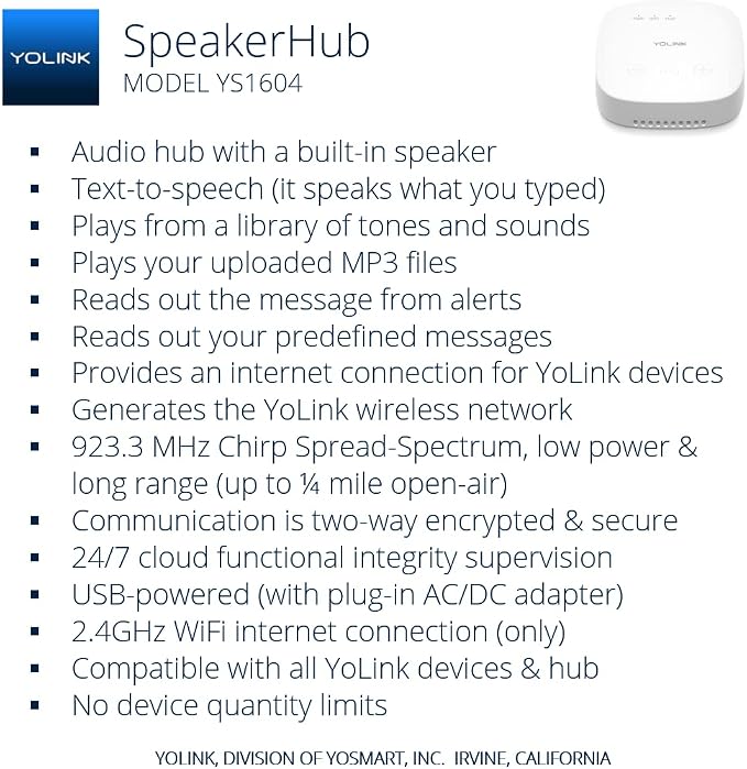YoLink Water Leak Detection Starter Kit, w/SpeakerHub Audio/Talking Hub & Water Leak Sensor 1, LoRa Up to 1/4 Mile Open-Air Range, SMS/Text, Email & Push Notifications, w/Alexa, IFTTT, Home Assistant