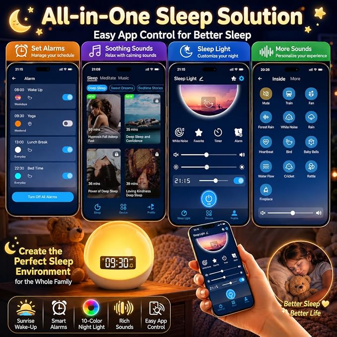MuGo Baby Sound Machine – 44 Soothing Sounds, Sunrise Alarm Clock, White Noise Machine for Sleeping, 10-Color Night Light with App & Timer, Portable Sleep Aid –Ideal Gift for Home, Nursery (USB)
