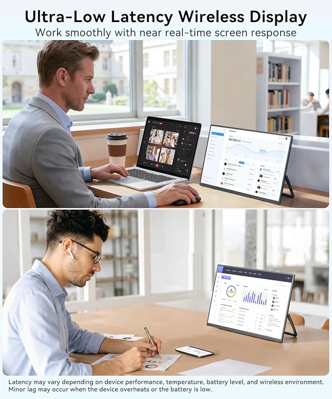 MAGICRAVEN Wireless Portable Monitor for Laptop, 15.6" Portable Monitor with Battery-1080P FHD Second Screen for Home & Office, AirPlay & Miracast Casting, No Cables or Drivers Needed(with Bag)