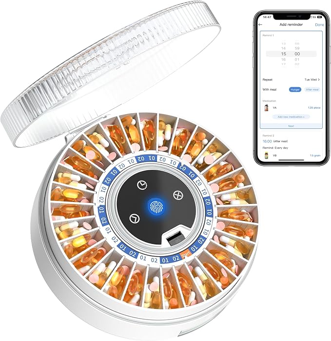 Zoksi Premium 31-Slot Automatic Pill Dispenser with Fingerprint & Key Lock, Smart Medication Organizer with Alarm & Light, Electronic Pill Organizer for Elderly & Forgetfulness