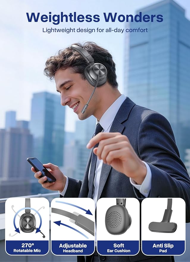Bluetooth Headset with USB Dongle, Trucker Bluetooth Headset with AI Noise Cancelling Microphone & Mute Button, 50Hrs Single Ear Wireless Headphones for Truck Driver Phone Computer Office Work, Ash