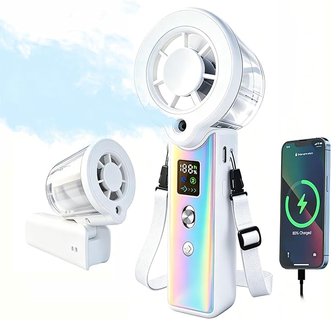Portable Misting Fan, Handheld Rechargeable Fan with Water Mist, Personal Mini Turbo Fan with 1-100 High Speeds (20000 RPM), LED Light for Music Festival, Summer Trip Must-Haves, Holographic White Fan