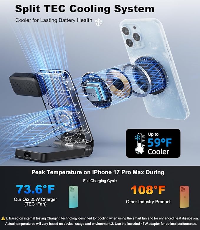 3 in 1 Wireless Charging Station with TEC Active Cooling, Qi2.2 25W Fast Charger for MagSafe Magnetic Foldable Charger Stand