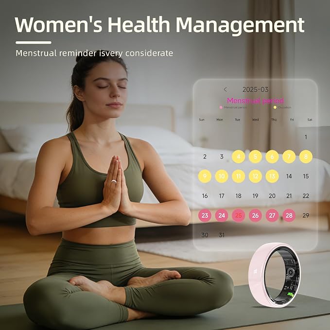 Ceramic Smart Ring, Advanced Health & Fitness Tracker with Heart Rate, Blood Oxygen, Sleep Monitoring, 5ATM Waterproof, Long-Lasting Battery, Remote Camera Control, for Android & iOS (Pink, 8)